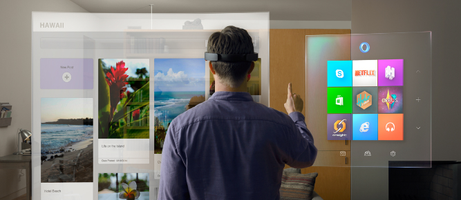 Man using Microsoft Hololens to view Windows start menu